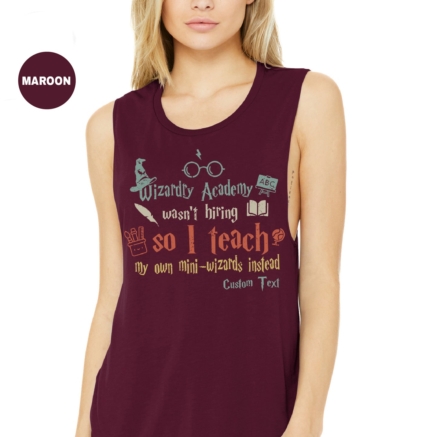 a woman wearing a maroon harry potter tank top