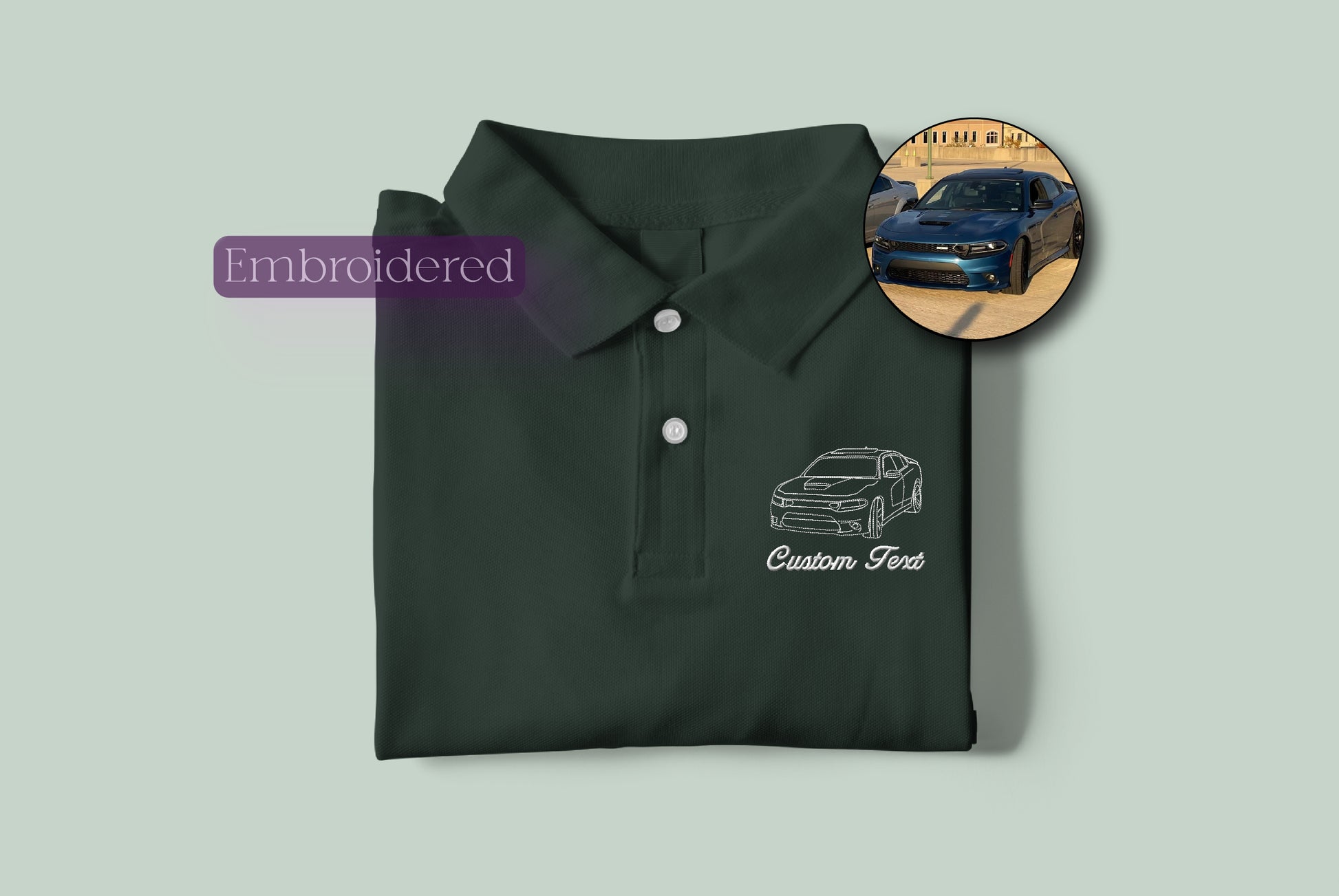 a green polo shirt with a picture of a car on it