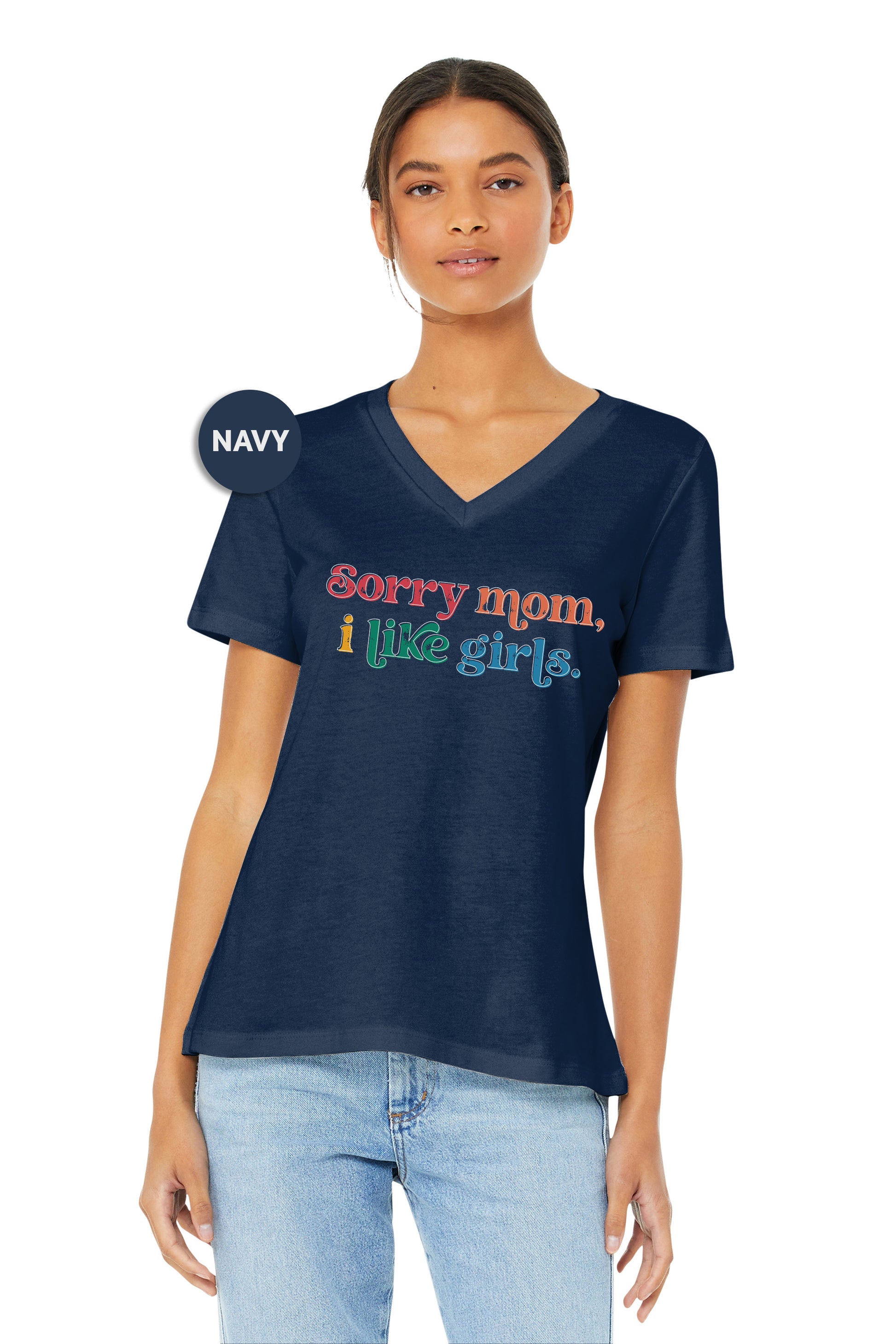 a woman wearing a navy shirt that says sorry mom i like girls