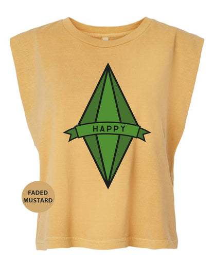 a women's crop top with the words happy on it