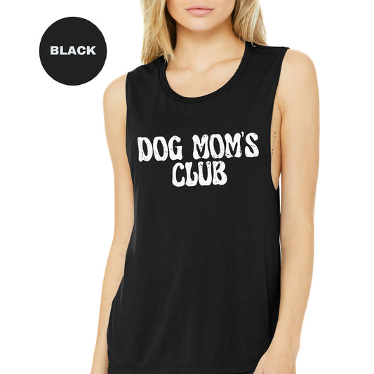 a woman wearing a black dog mom's club tank top