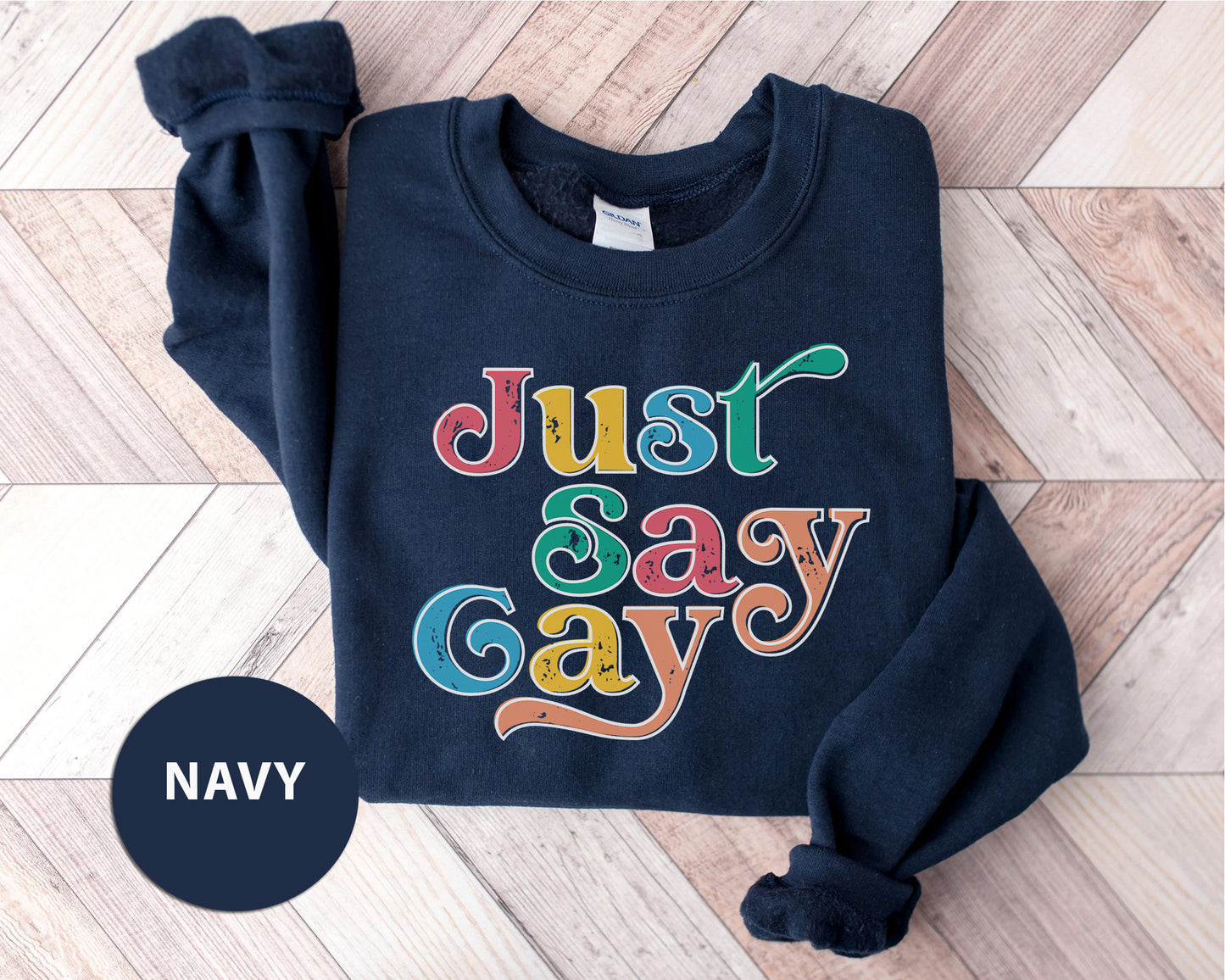 a navy sweatshirt with the words just easy gay on it