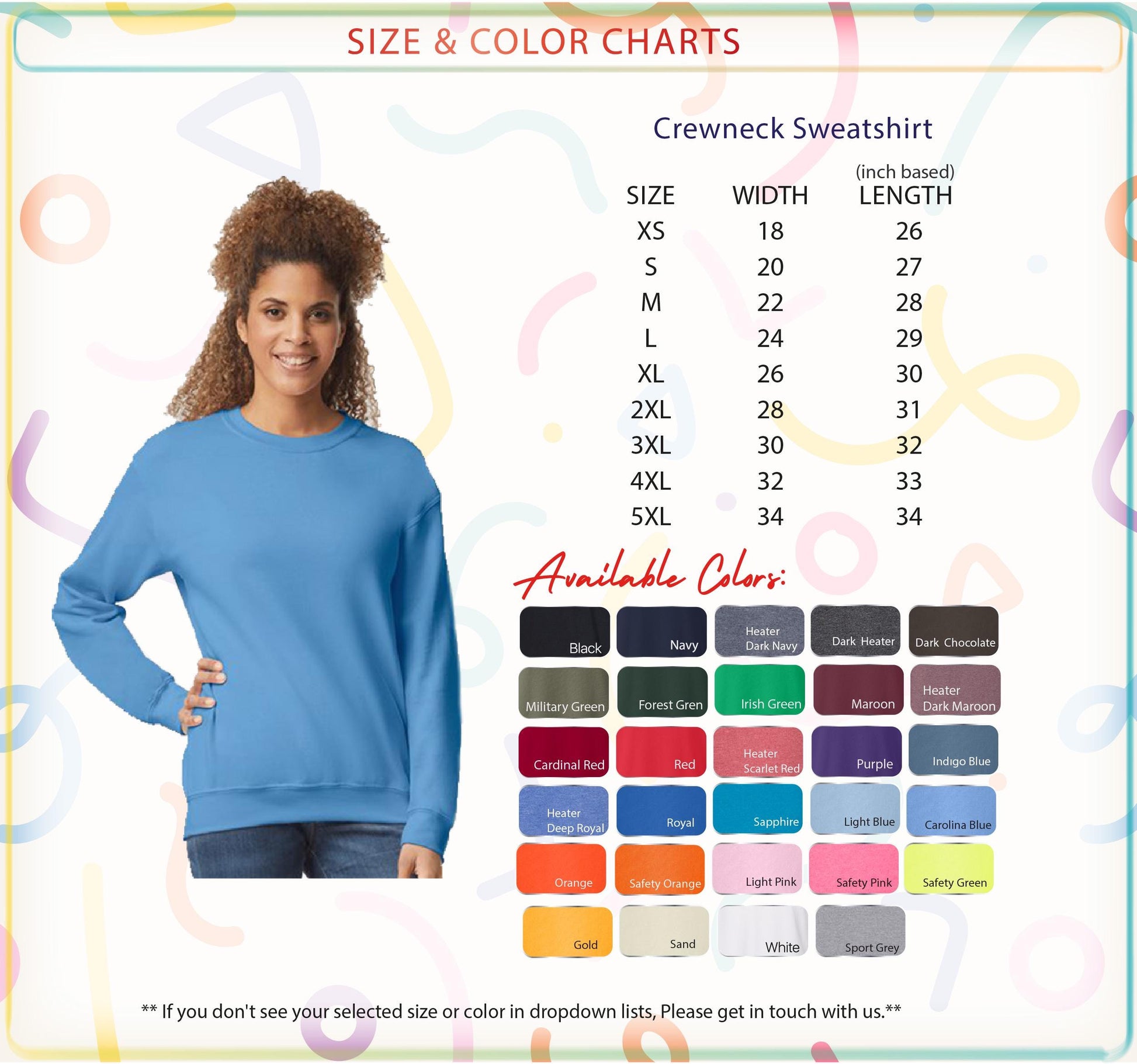 a woman wearing a crewneck sweatshirt, with a size and color chart displayed below her.