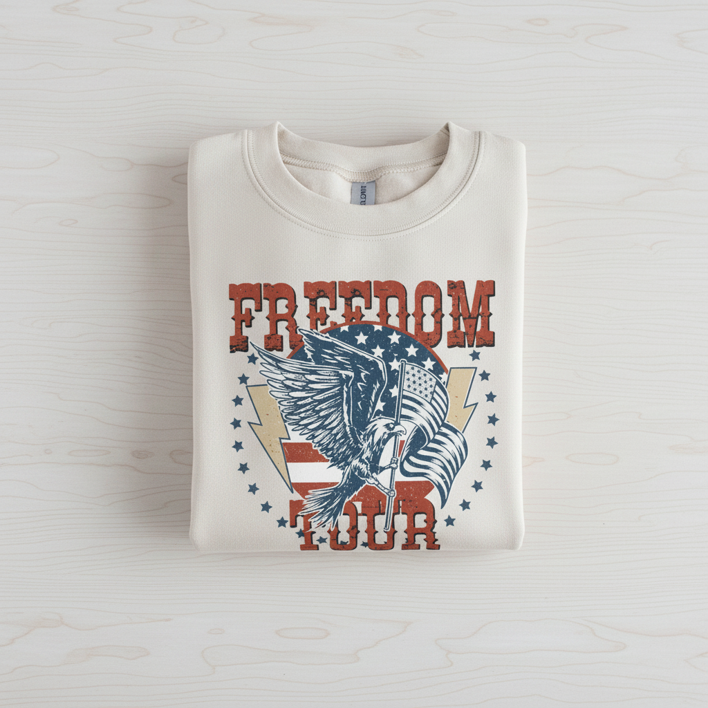 A white sweatshirt with a graphic design featuring an eagle and the text "FREEDOM TOUR" printed on it.
