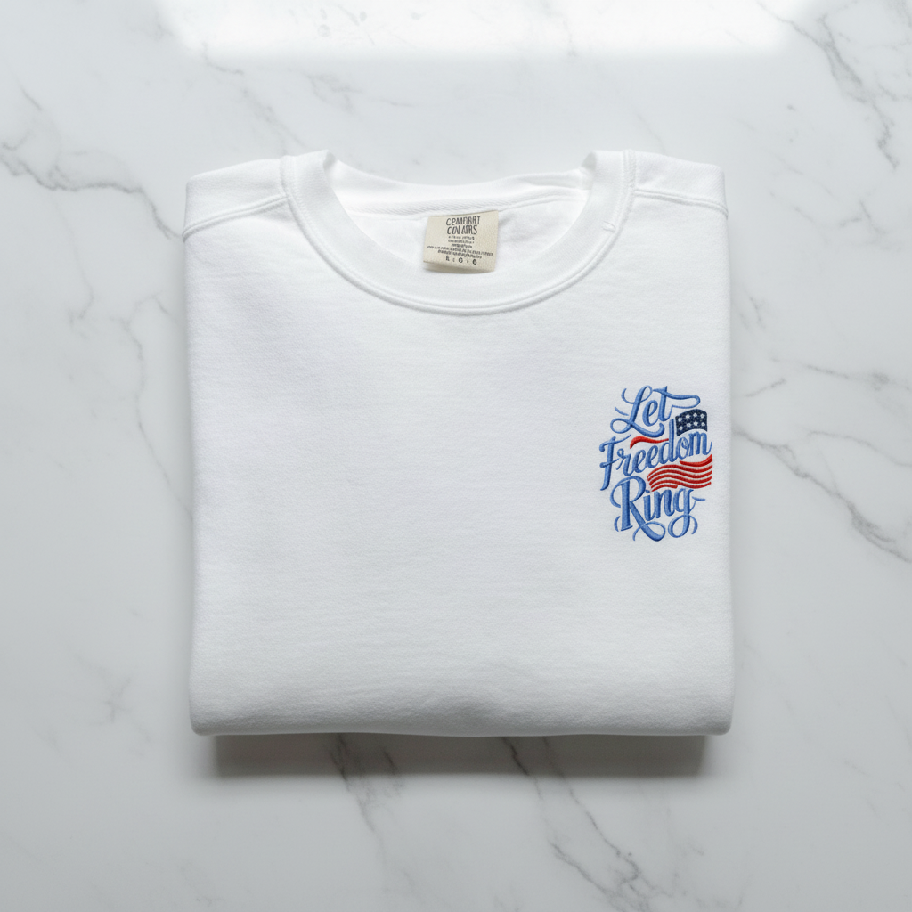 A white t-shirt with a blue and red design on the left side, featuring the text "Let Freedom Ring" in a stylized font.
