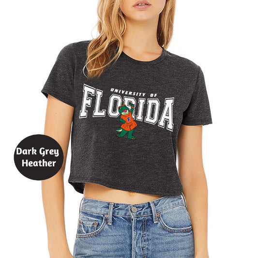 a women's crop top with the university of florida on it