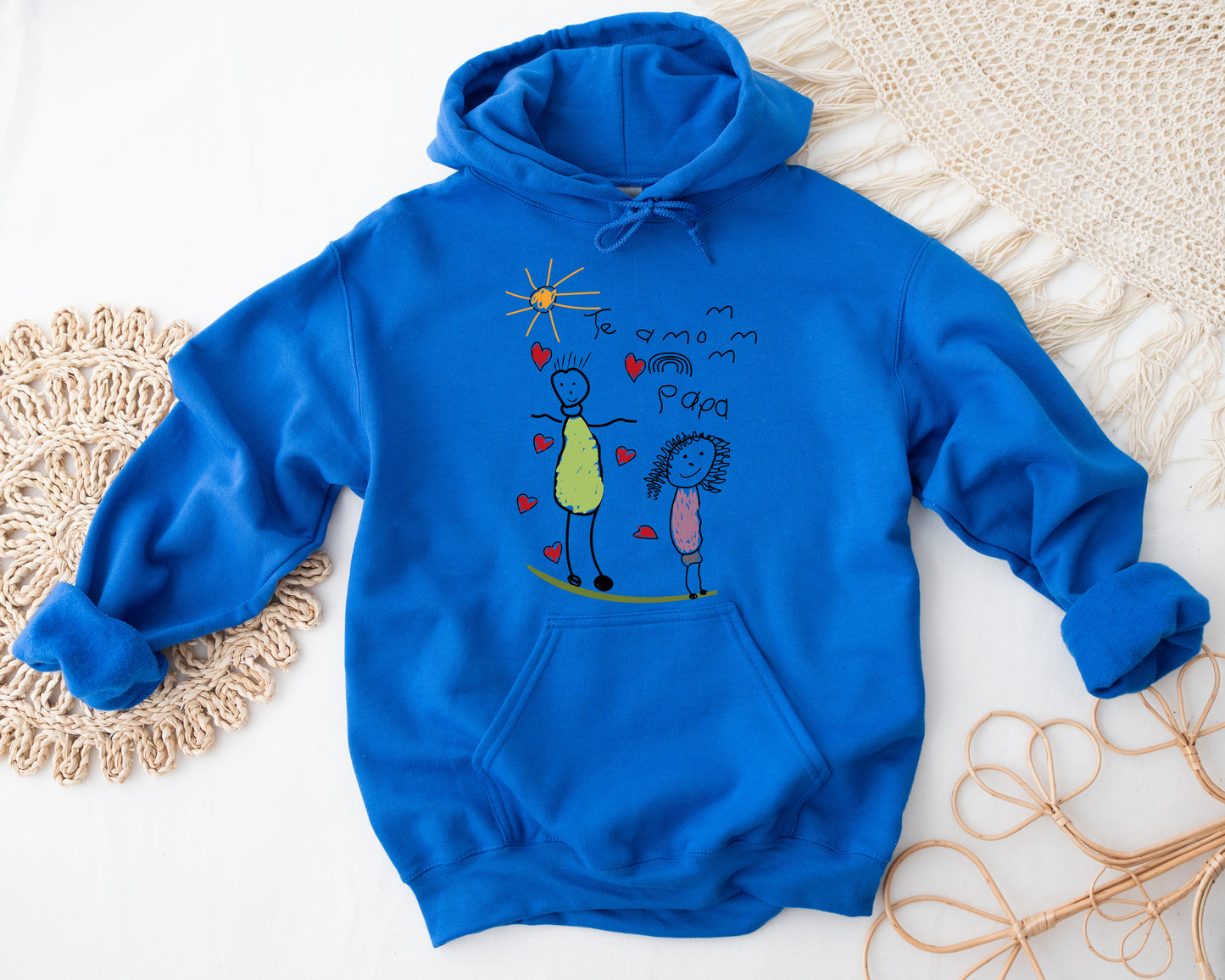 a blue hoodie with a drawing of two people on it