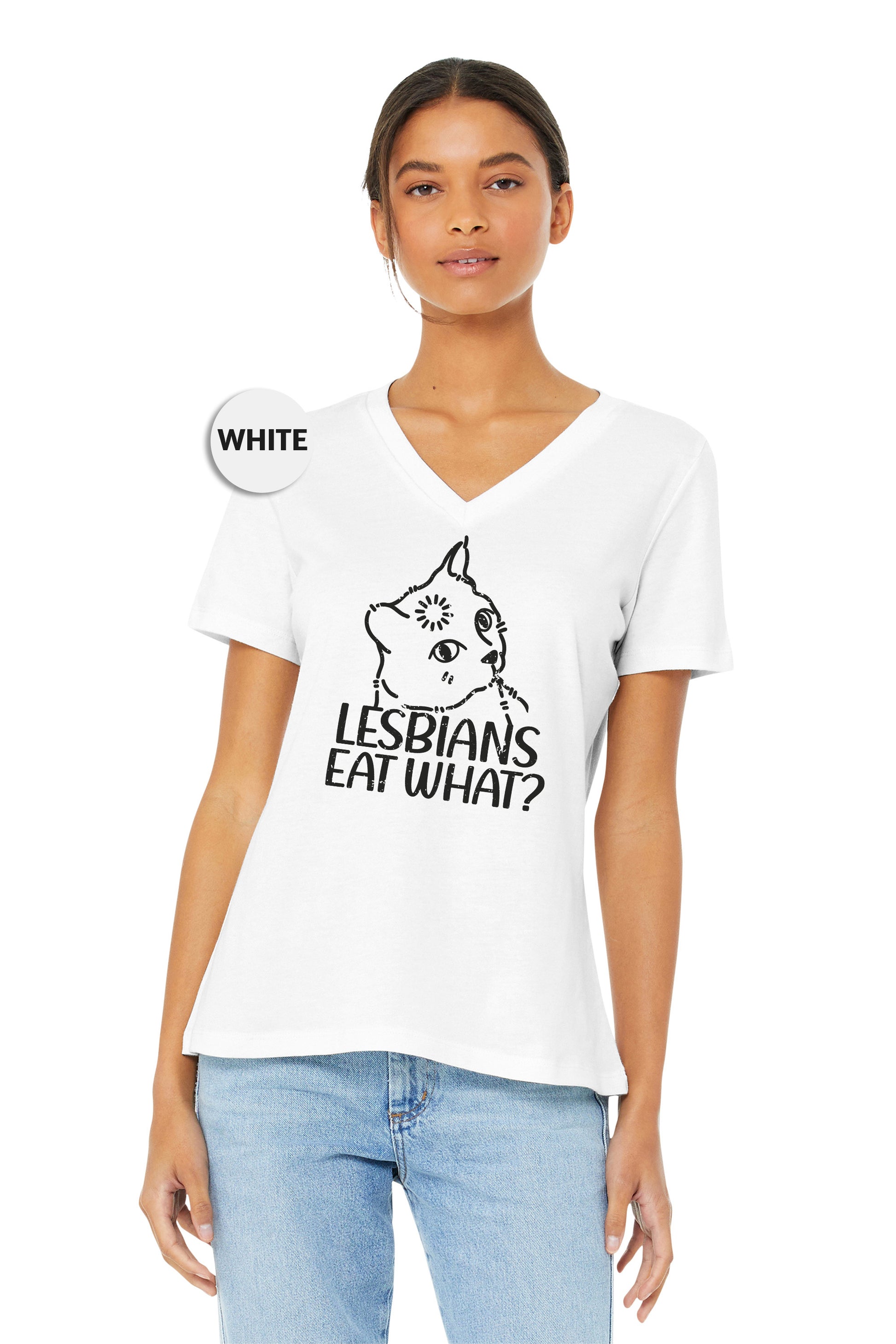 a woman wearing a white shirt that says lesbians eat what?