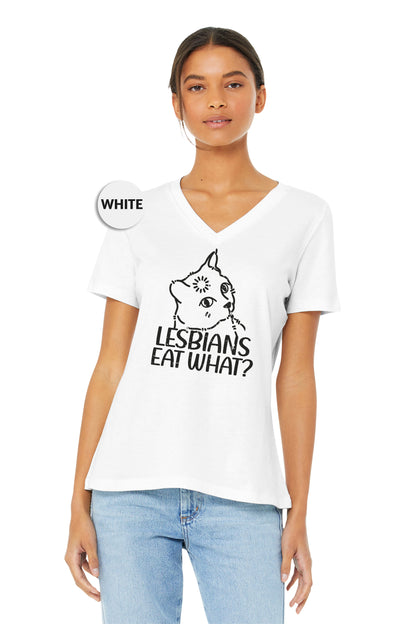 a woman wearing a white shirt that says lesbians eat what?