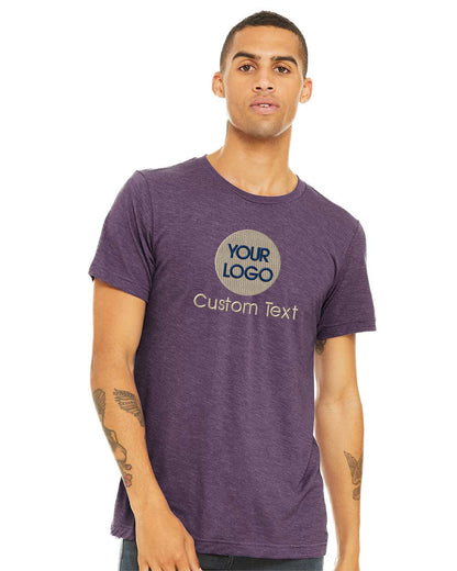 a man wearing a purple t - shirt with the words your logo on it