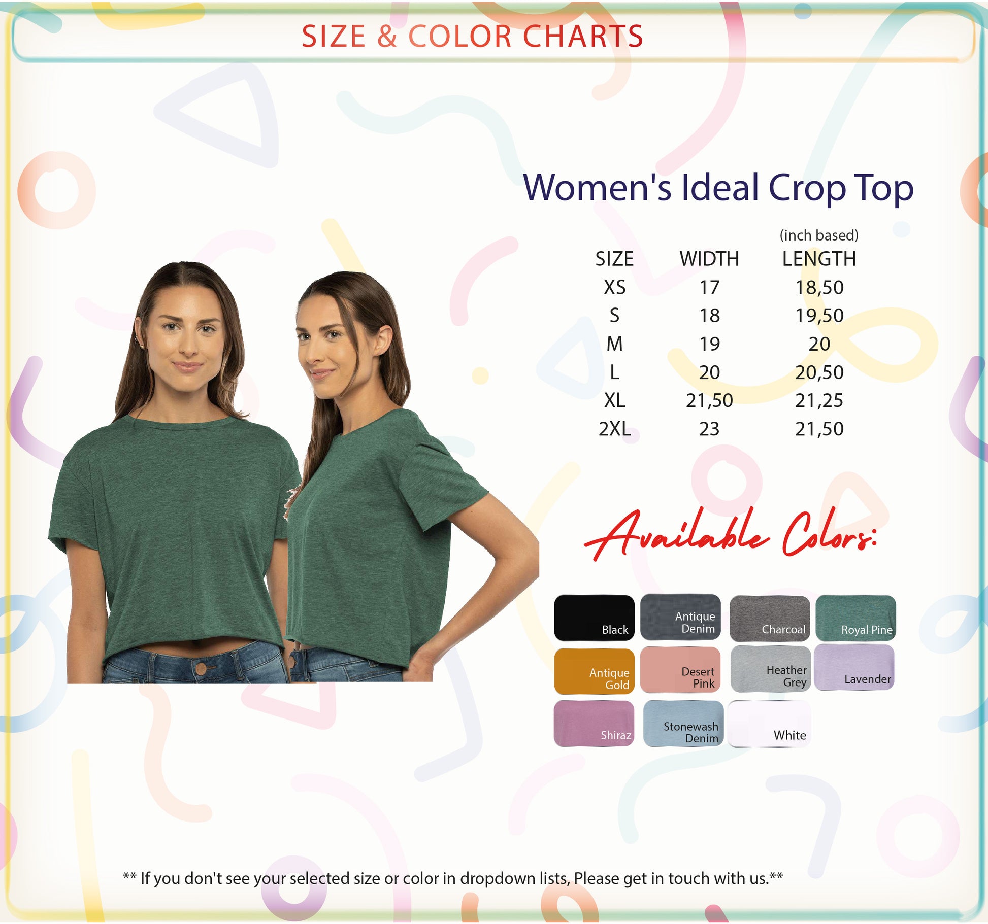 two women wearing green crop tops, with a size and color chart displayed below them.