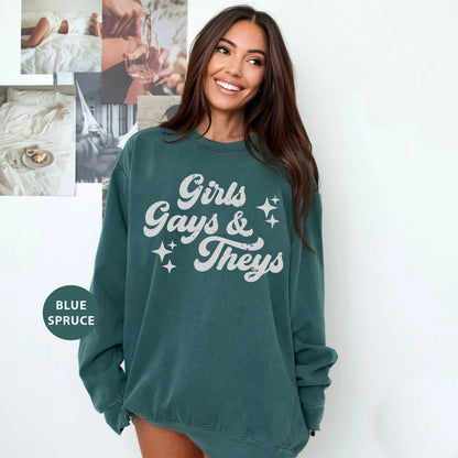 a woman wearing a green sweatshirt that says girls, guys and they