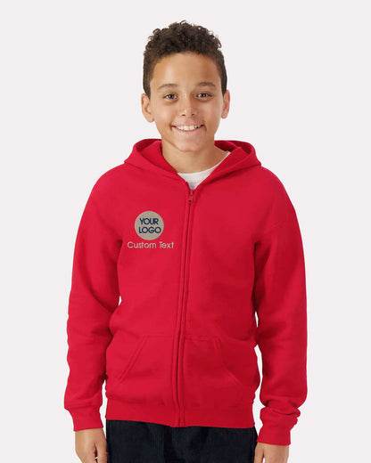 a young boy wearing a red hoodie with a green and white logo