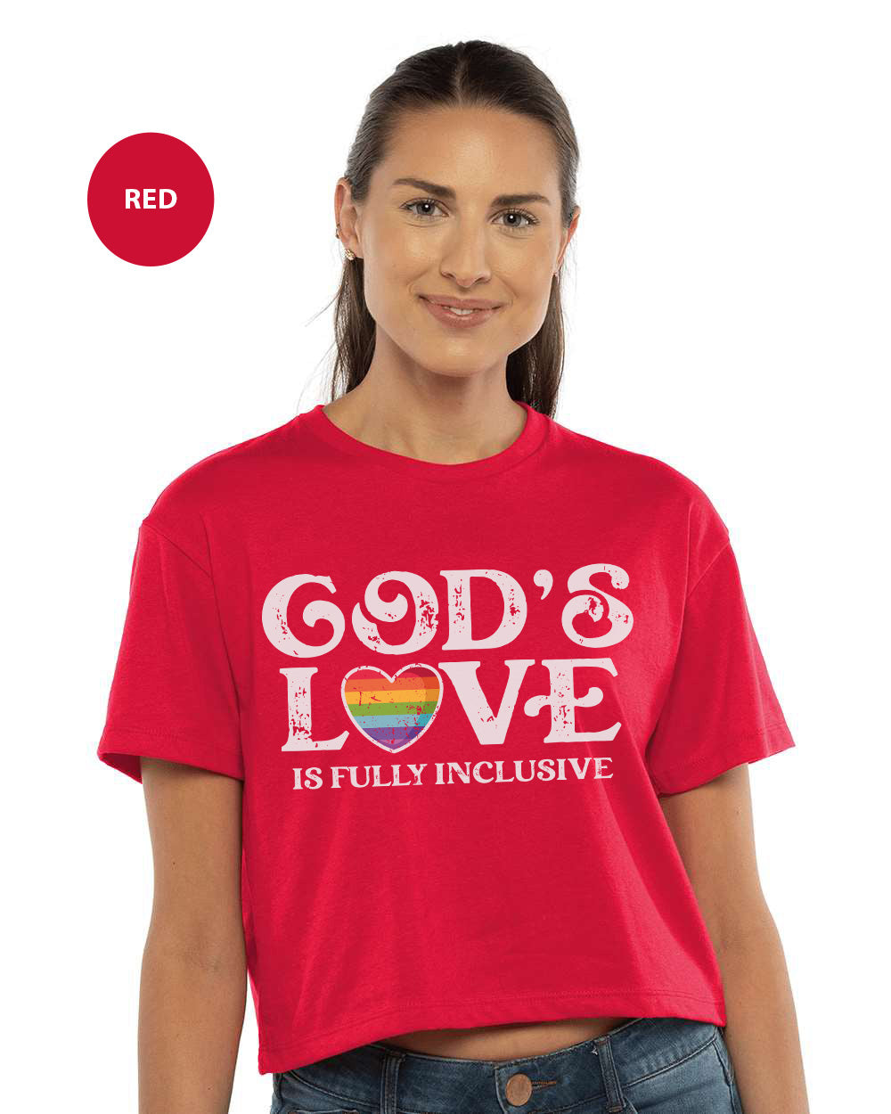 a woman wearing a red crop top that says god's love is fully ind