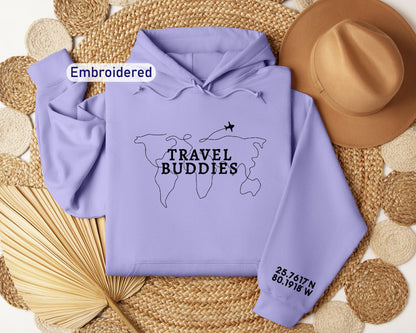 a purple hoodie with the words travel buddies on it