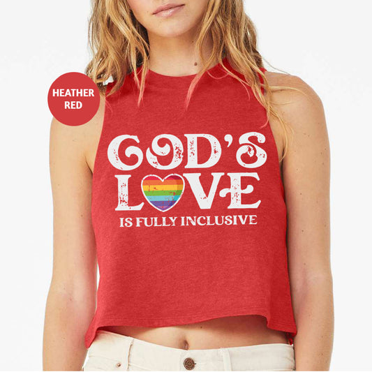 a woman wearing a red crop top with the words god's love is fully