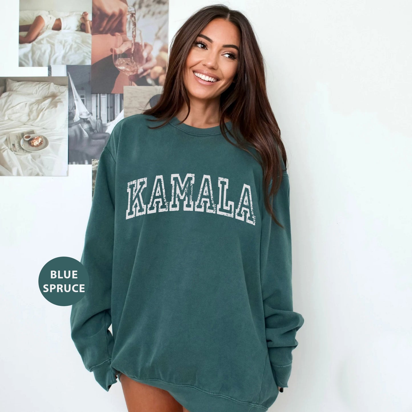 a woman in a green sweatshirt posing for a picture