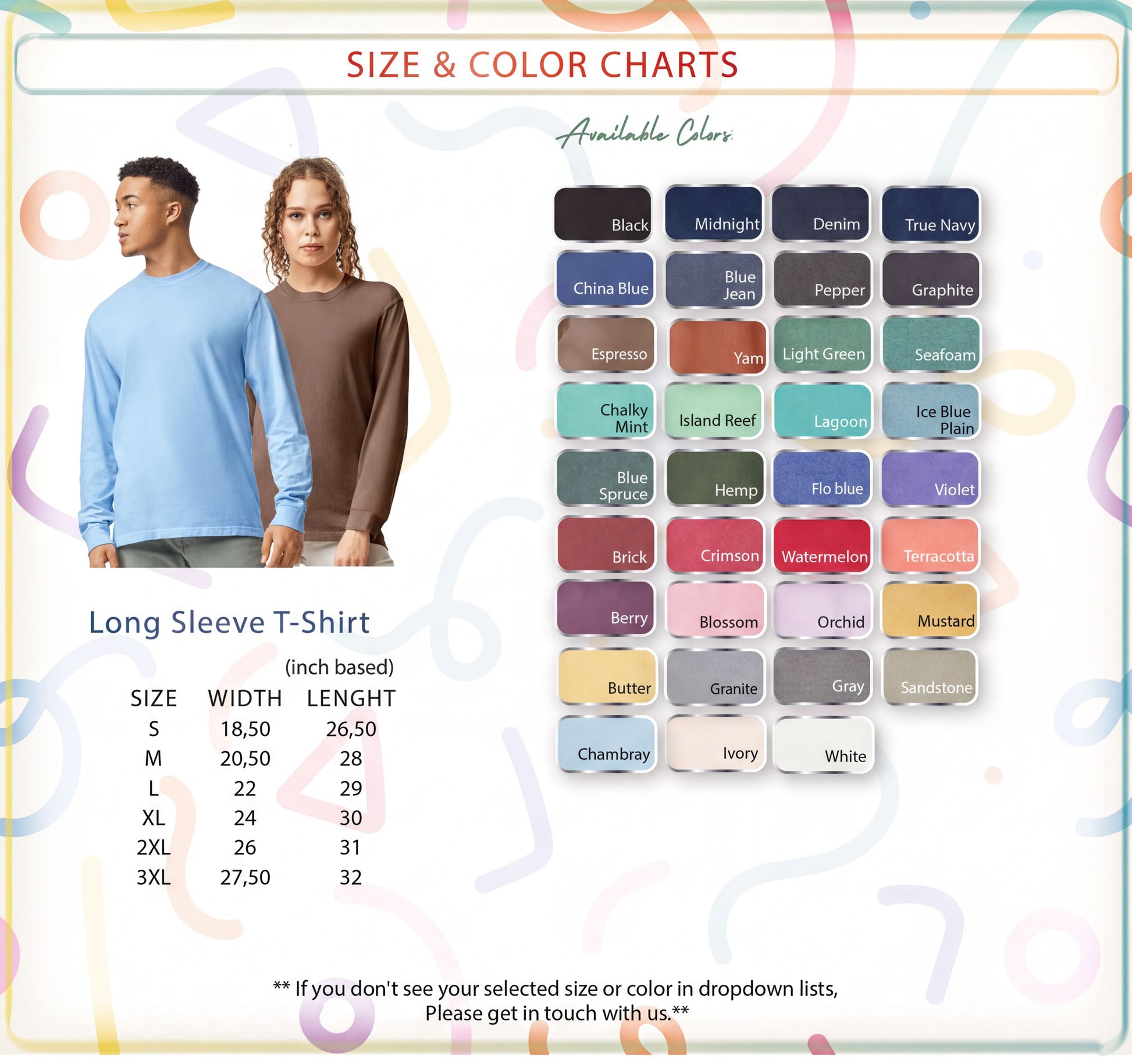 The image is a collage of two photos. The first photo shows a man and a woman standing next to each other, both wearing long sleeve t-shirts. The second photo shows a variety of color options for a long sleeve t-shirt, including different colors and sizes.