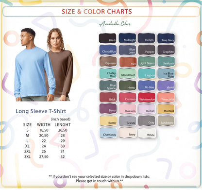 The image is a collage of two photos. The first photo shows a man and a woman standing next to each other, both wearing long sleeve t-shirts. The second photo shows a variety of color options for a long sleeve t-shirt, including different colors and sizes.