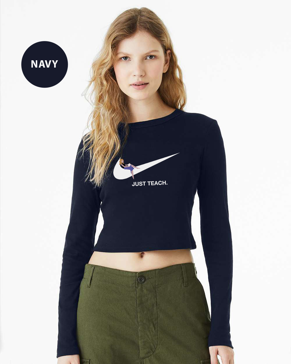 a woman wearing a navy crop top with a white nike logo