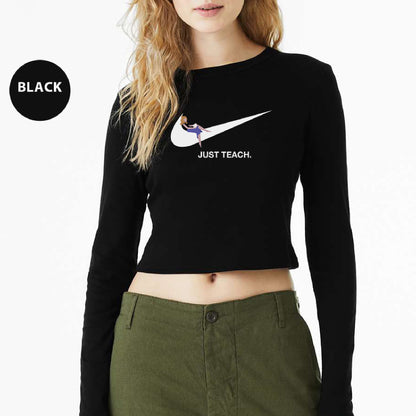 a woman wearing a black crop top with a white nike logo