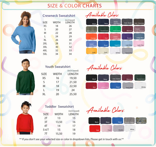 a collection of size and color charts for various types of clothing, including crew necks, youth sweatshirts, and toddler sweatshirts. The charts provide a visual representation of the available colors for each size, ranging from small to large. The charts are designed to help customers easily identify the color options that best suit their size and preferences.