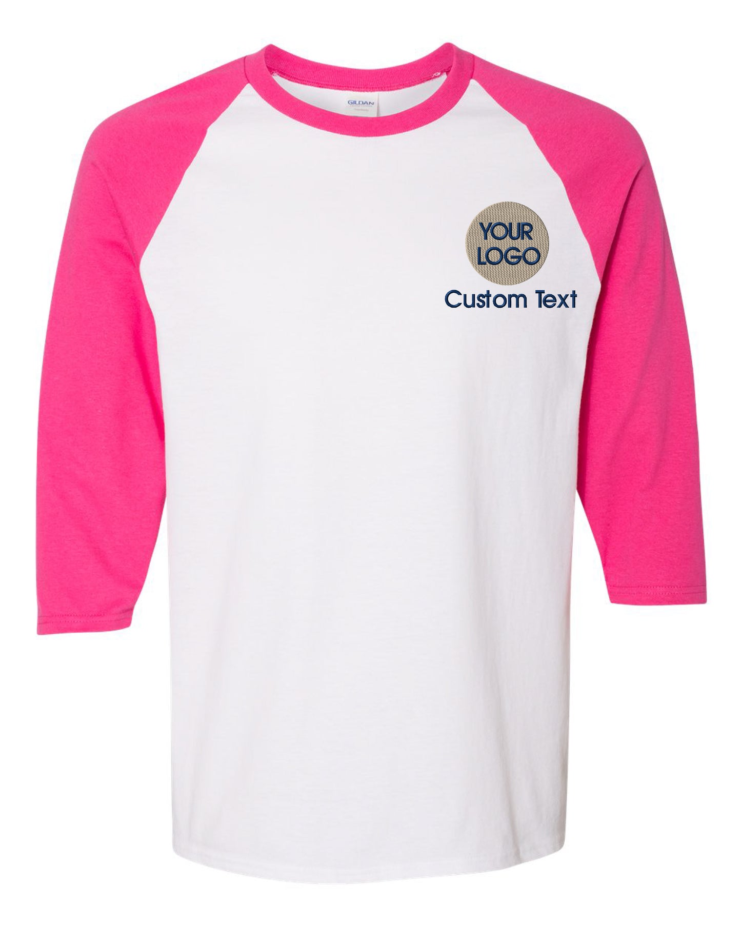 a white and pink baseball shirt with a custom text