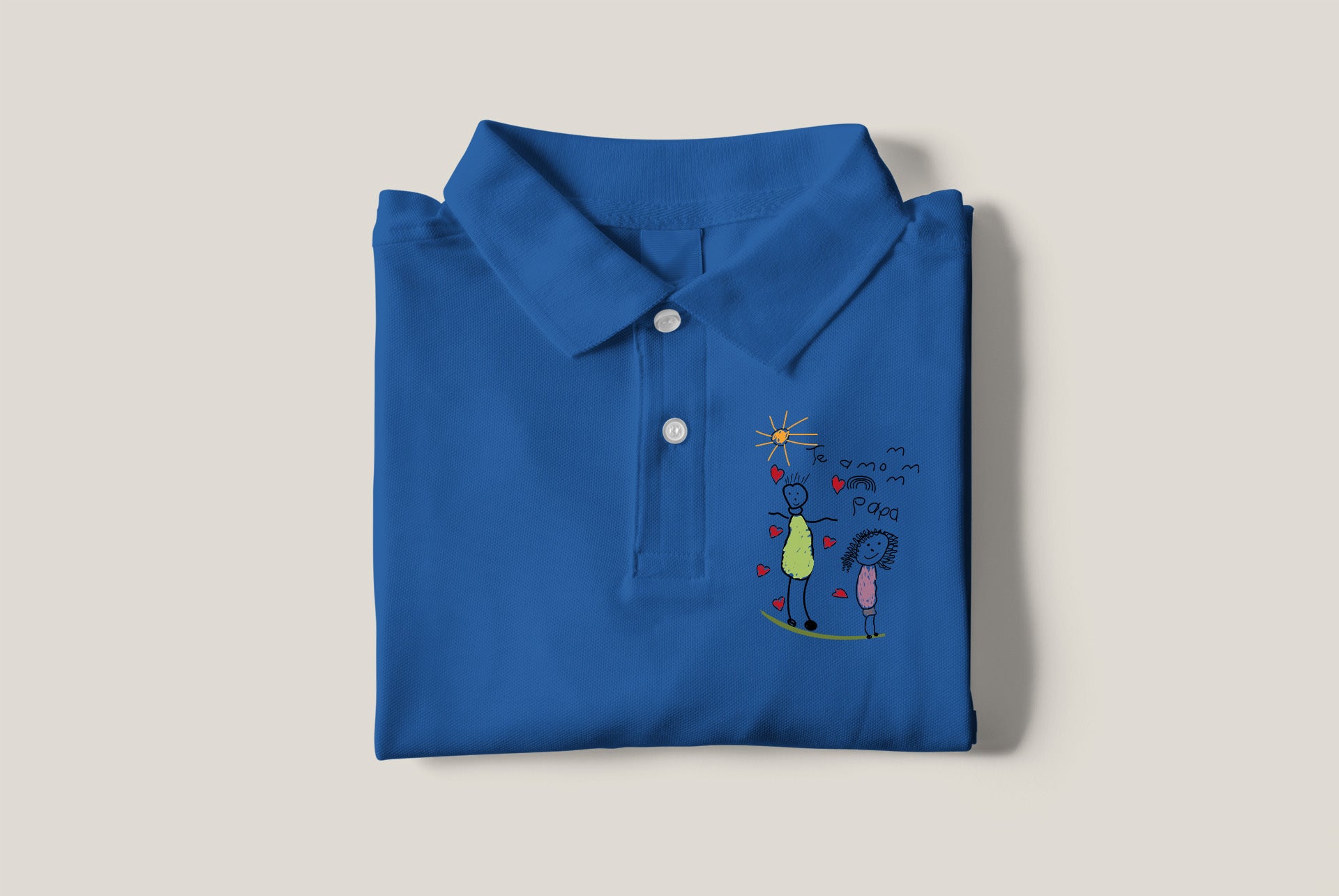 a blue polo shirt with an image of two people on it