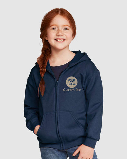 a young girl wearing a blue hoodie with a logo on it