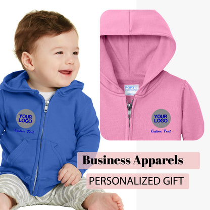 a baby wearing a pink and blue hoodie with the words business apparels personal