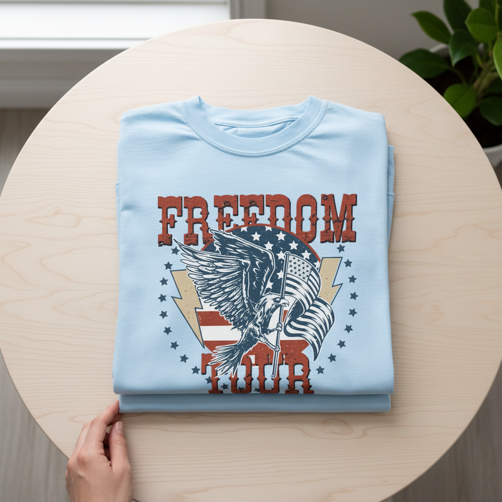 A blue t-shirt with a graphic design of an eagle and the word "FREEDOM" printed on it, along with an American flag and stars.