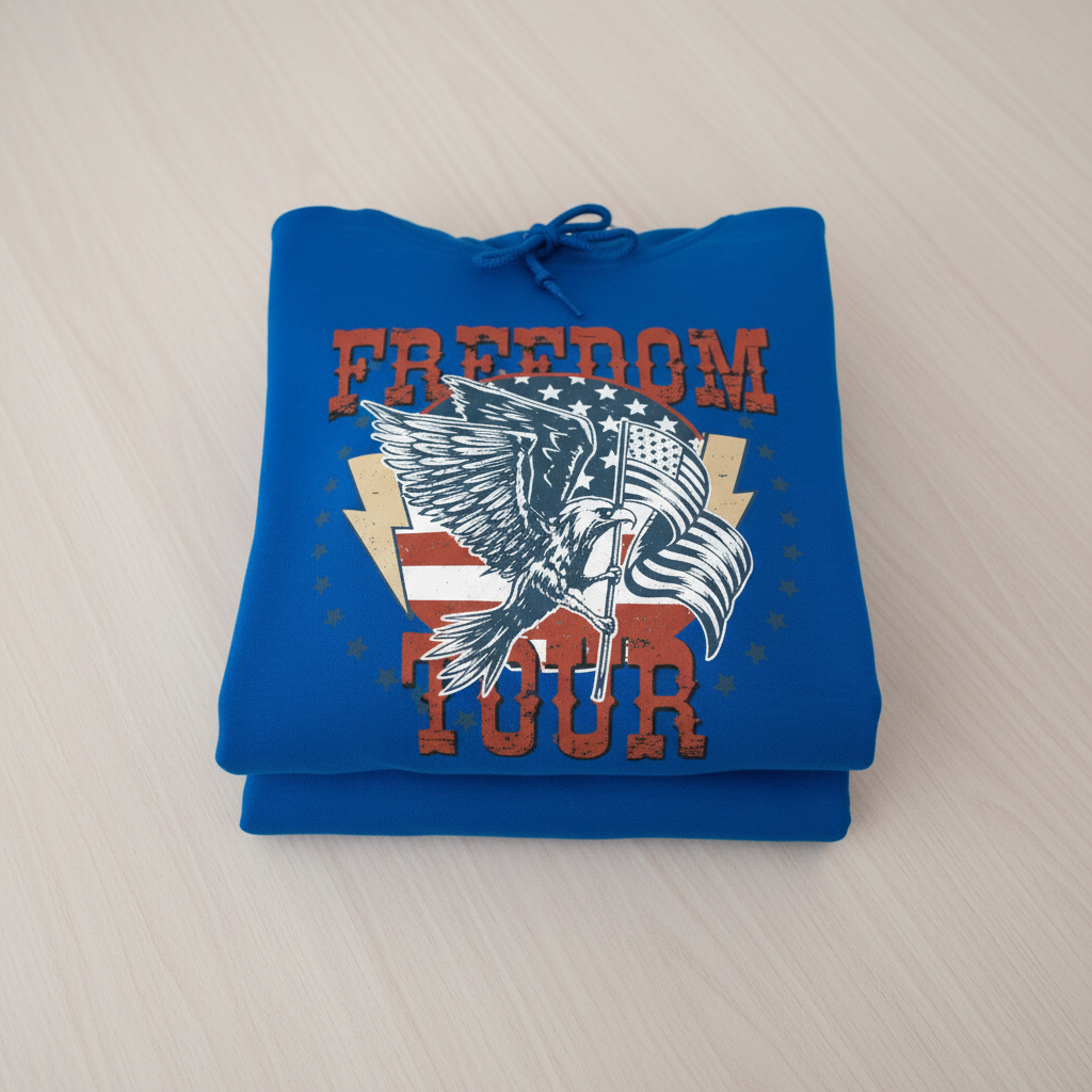 A blue hoodie with a graphic design featuring a bird, an eagle, and the text "FREEDOM TOUR" printed on it.