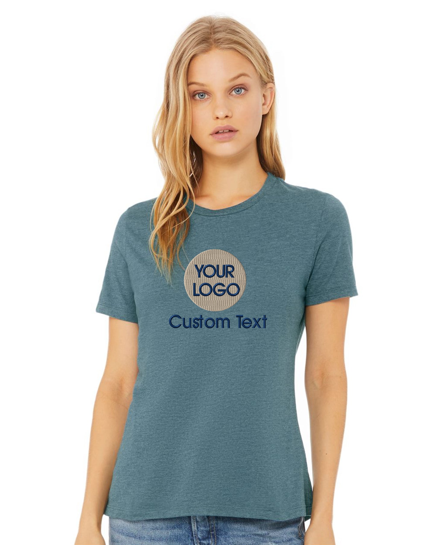 a woman wearing a t - shirt that says your logo