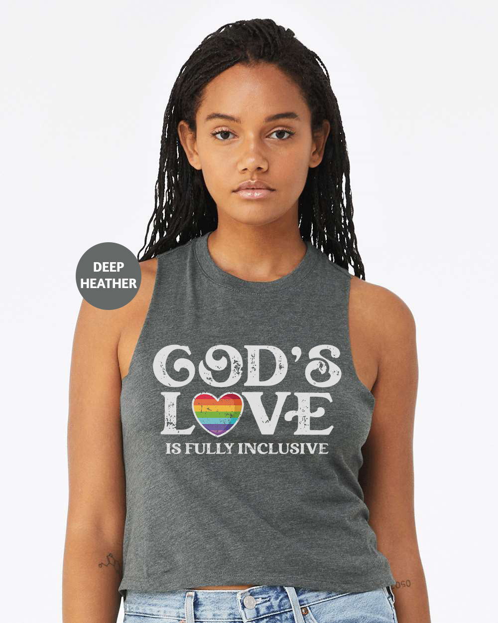 a woman wearing a tank top with the words god's love is fully ind