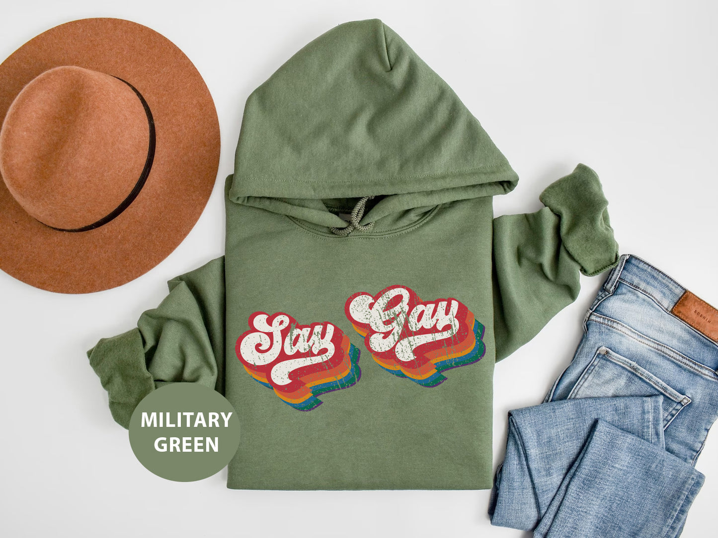 a green hoodie with the words stay gay on it