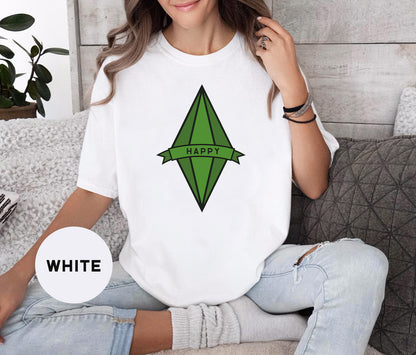 a woman sitting on a couch wearing a white t - shirt with a green triangle