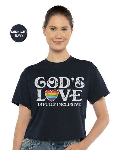 a woman wearing a black t - shirt that says god's love is fully