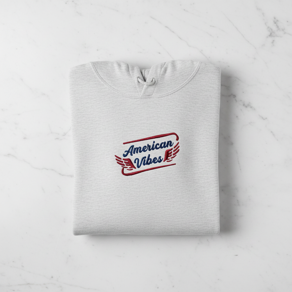 A white hoodie with a red and blue logo that says "American Vibes" on it.