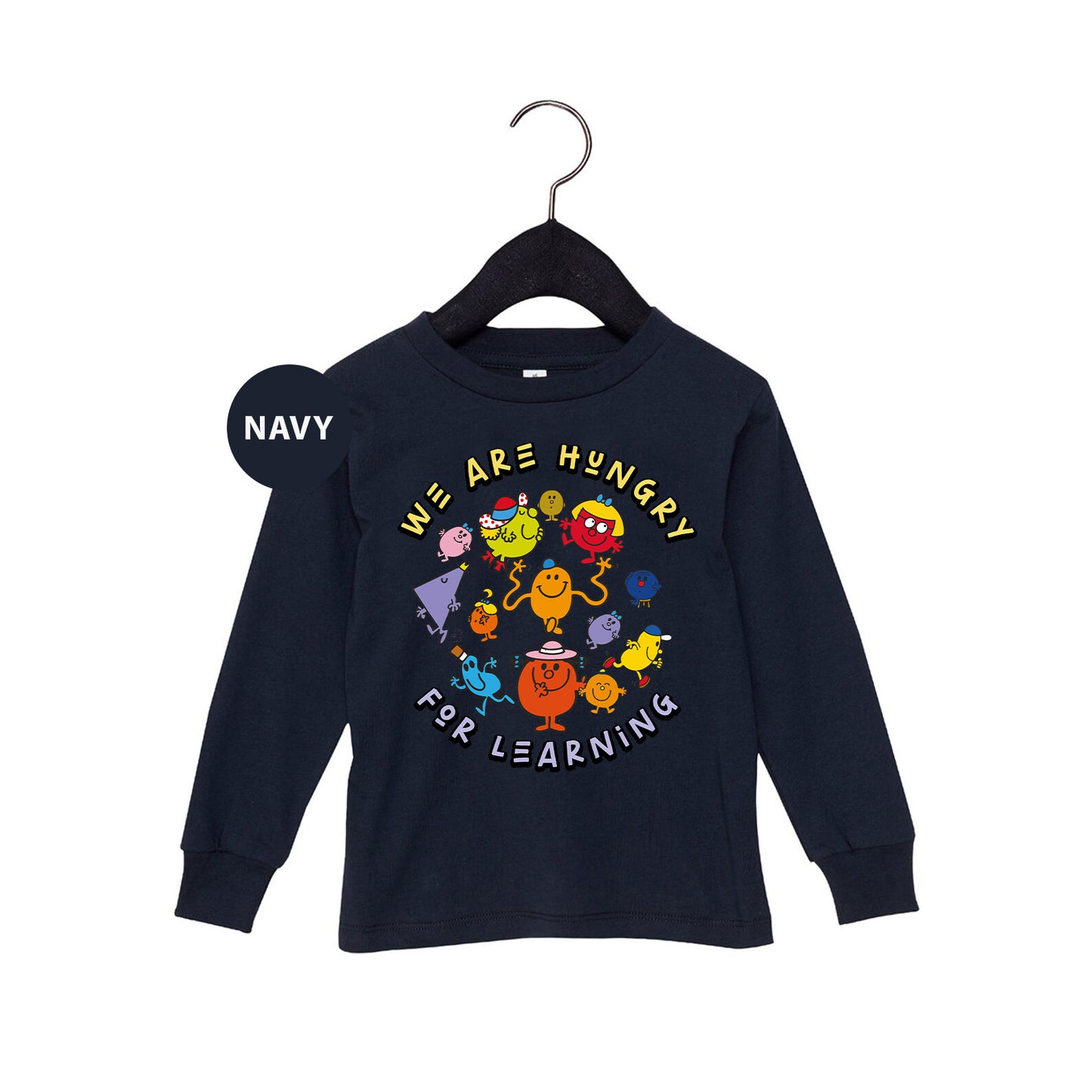 a navy shirt with sesame characters on it