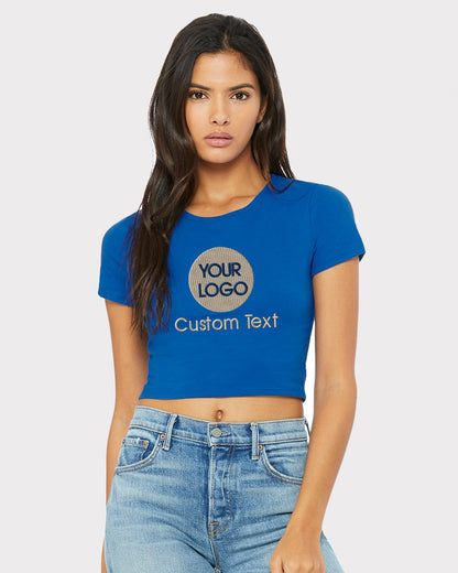 a woman wearing a blue crop top that says your logo