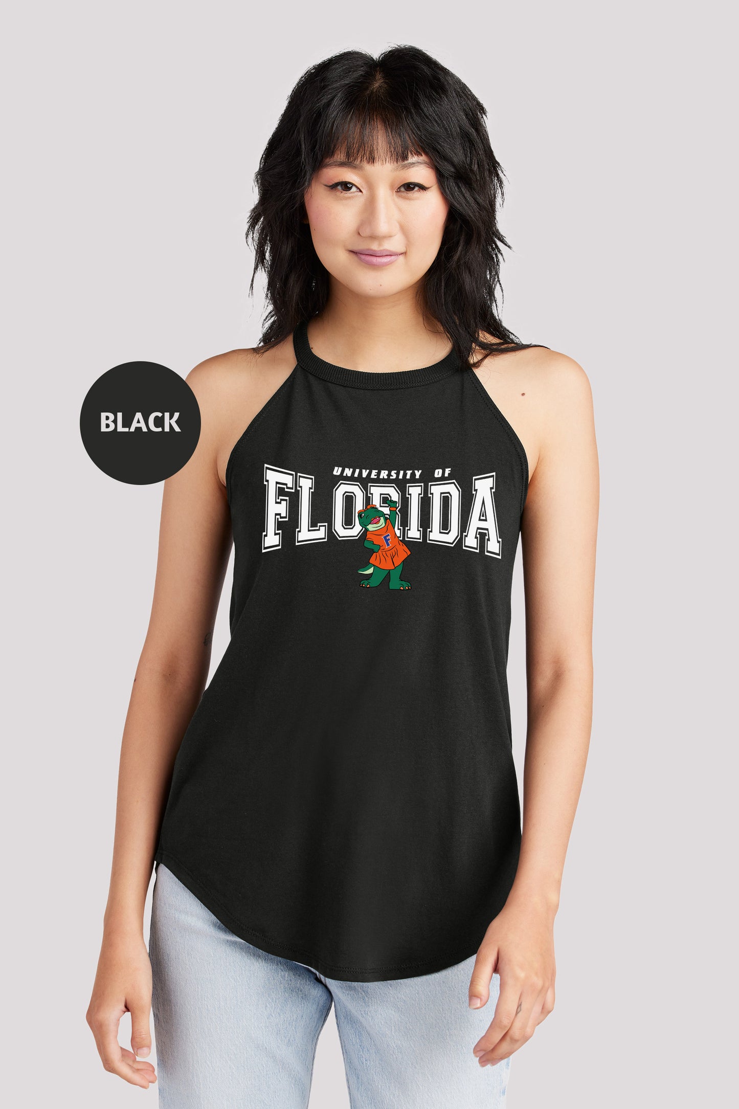 a woman wearing a black tank top with the word florida printed on it