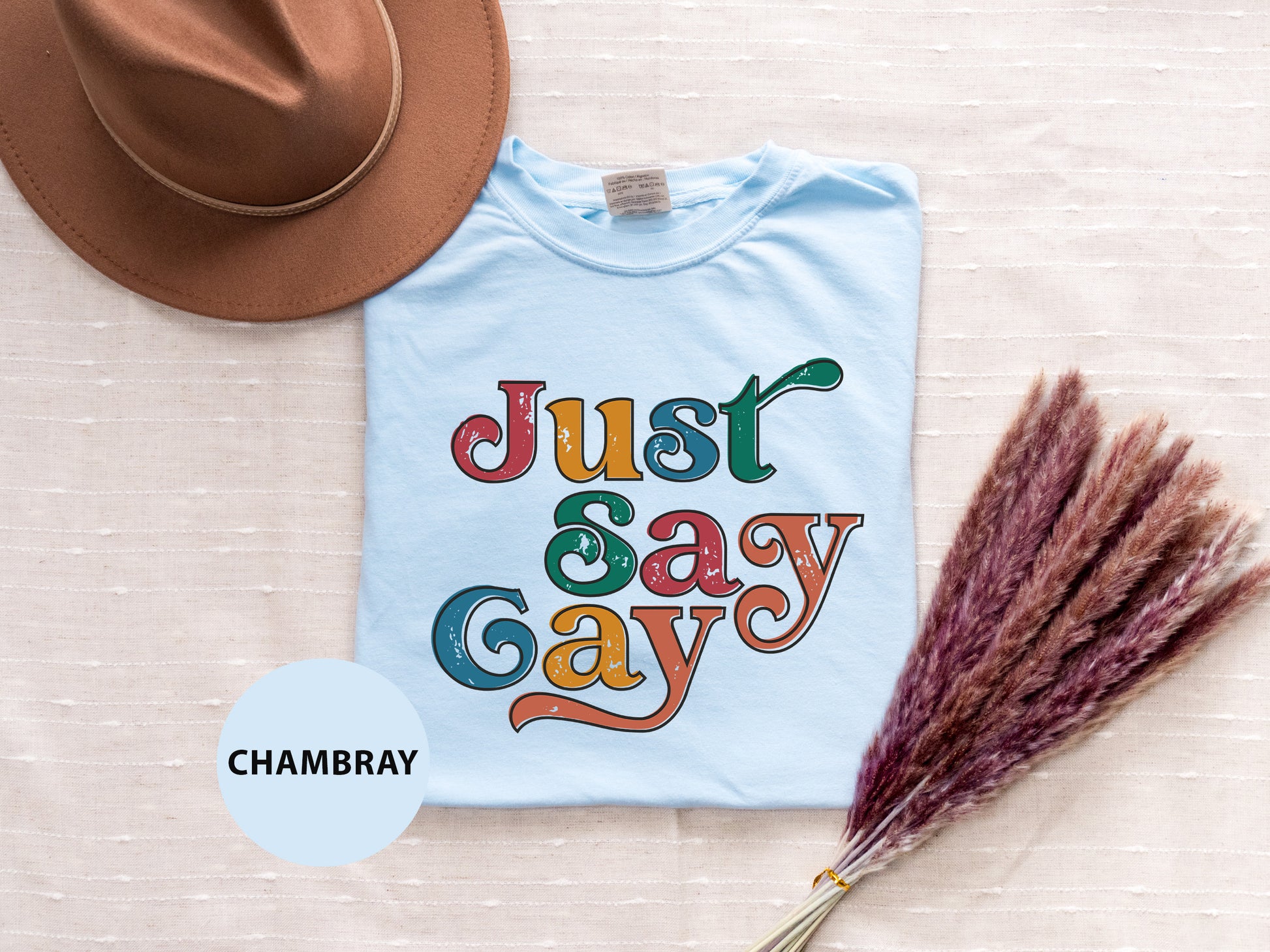 a t - shirt that says just sasy gay next to a hat