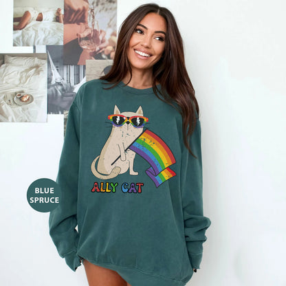 a woman wearing a sweatshirt with a cat on it