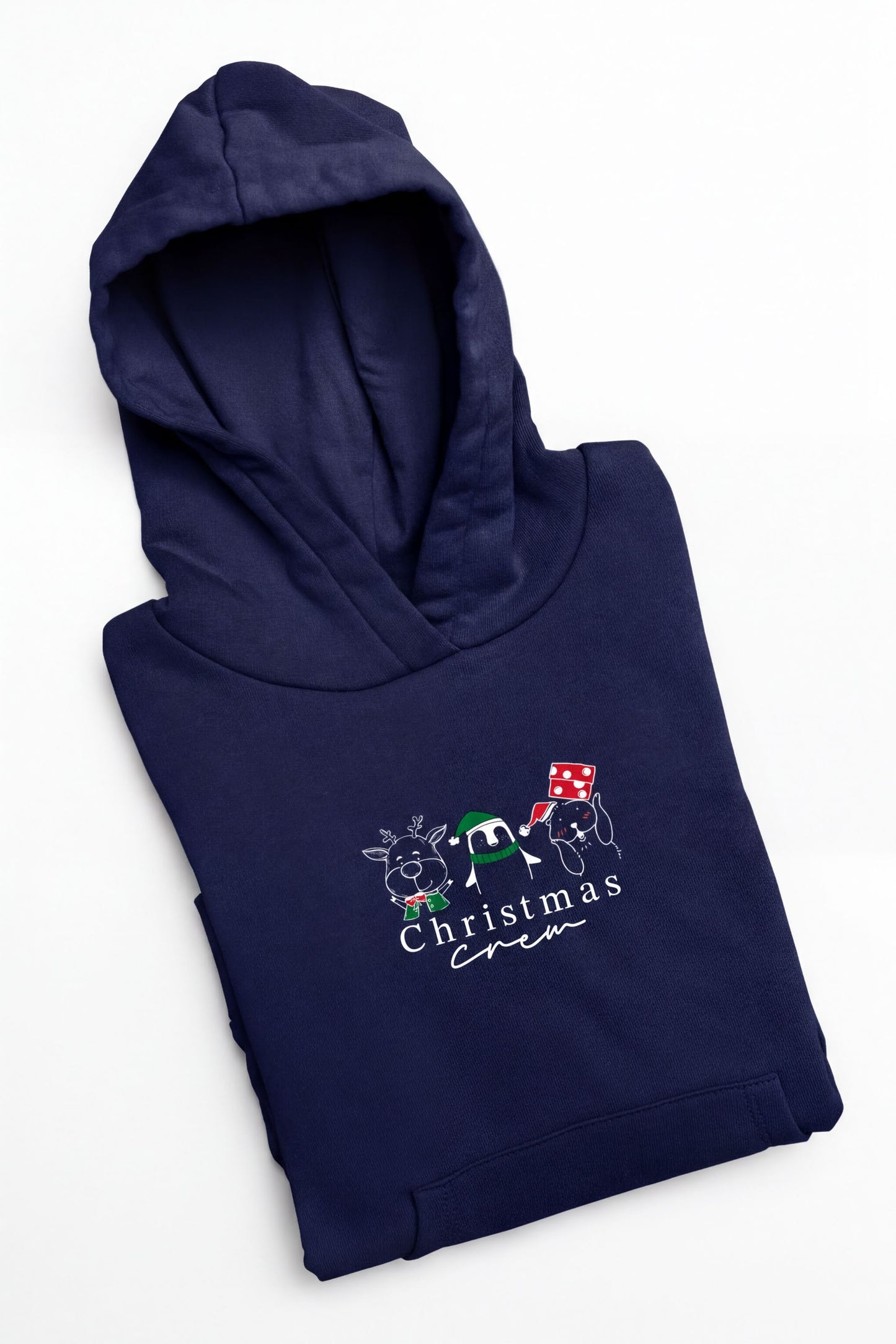 A navy blue hoodie with a white Christmas-themed design and text printed on it.