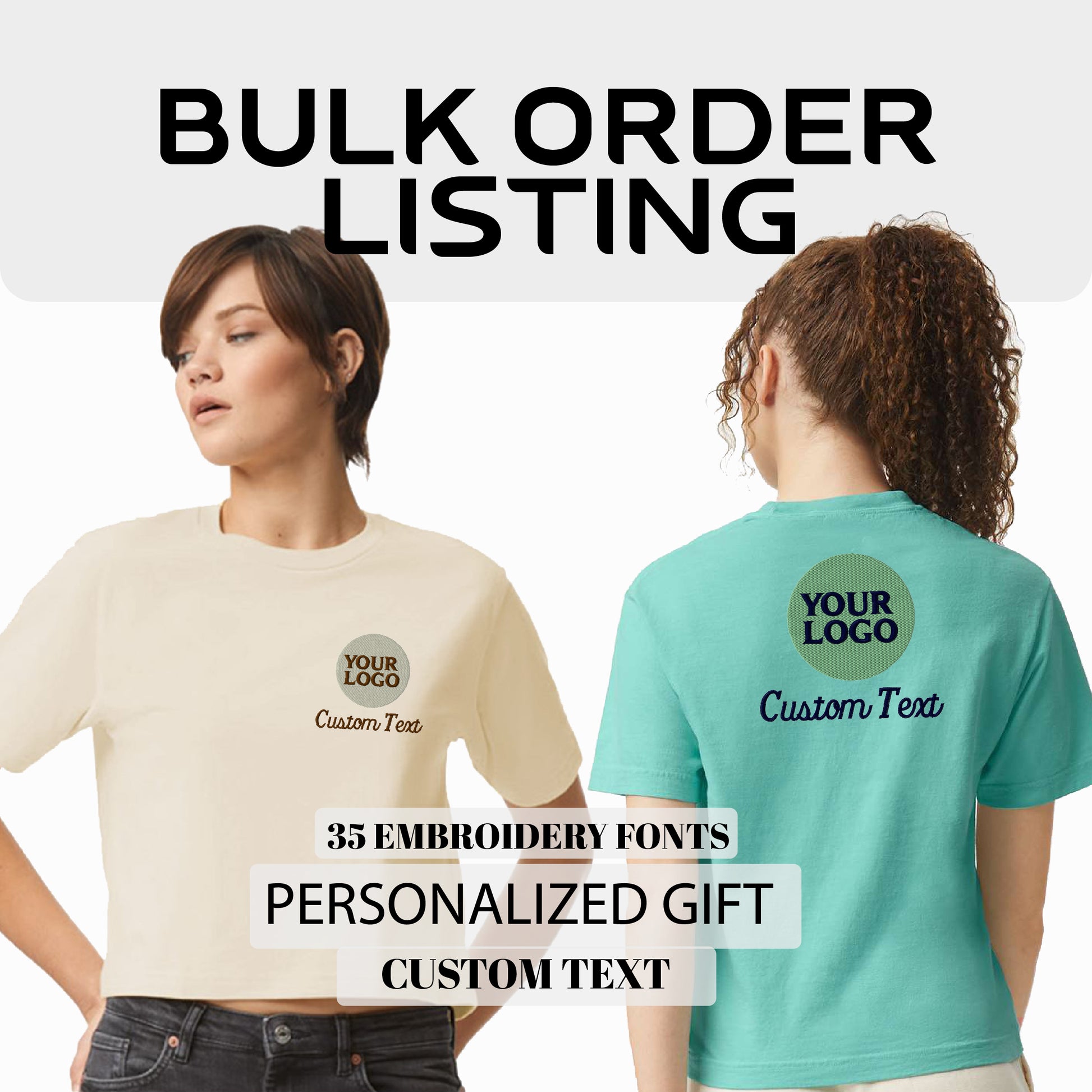 two women wearing tshirts with the words bulk order listing