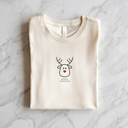 A white t-shirt with a simple black reindeer graphic and the text "MERRY CHRISTMAS" printed on it.