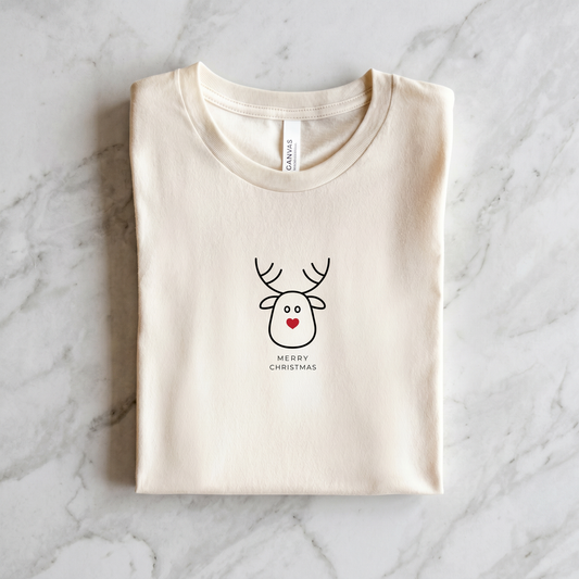 A white t-shirt with a simple black reindeer graphic and the text "MERRY CHRISTMAS" printed on it.