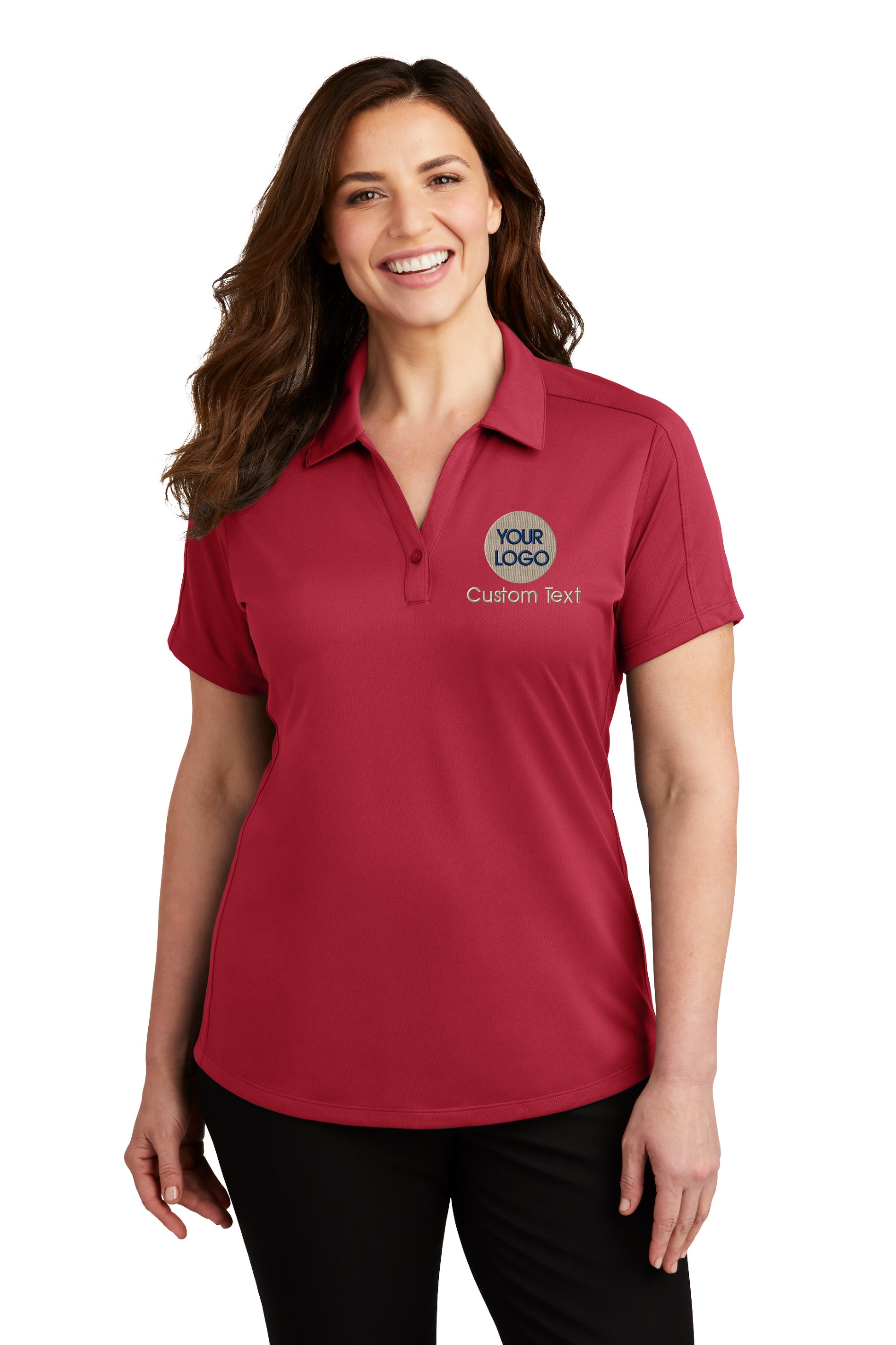 a woman wearing a red polo shirt with a logo on it