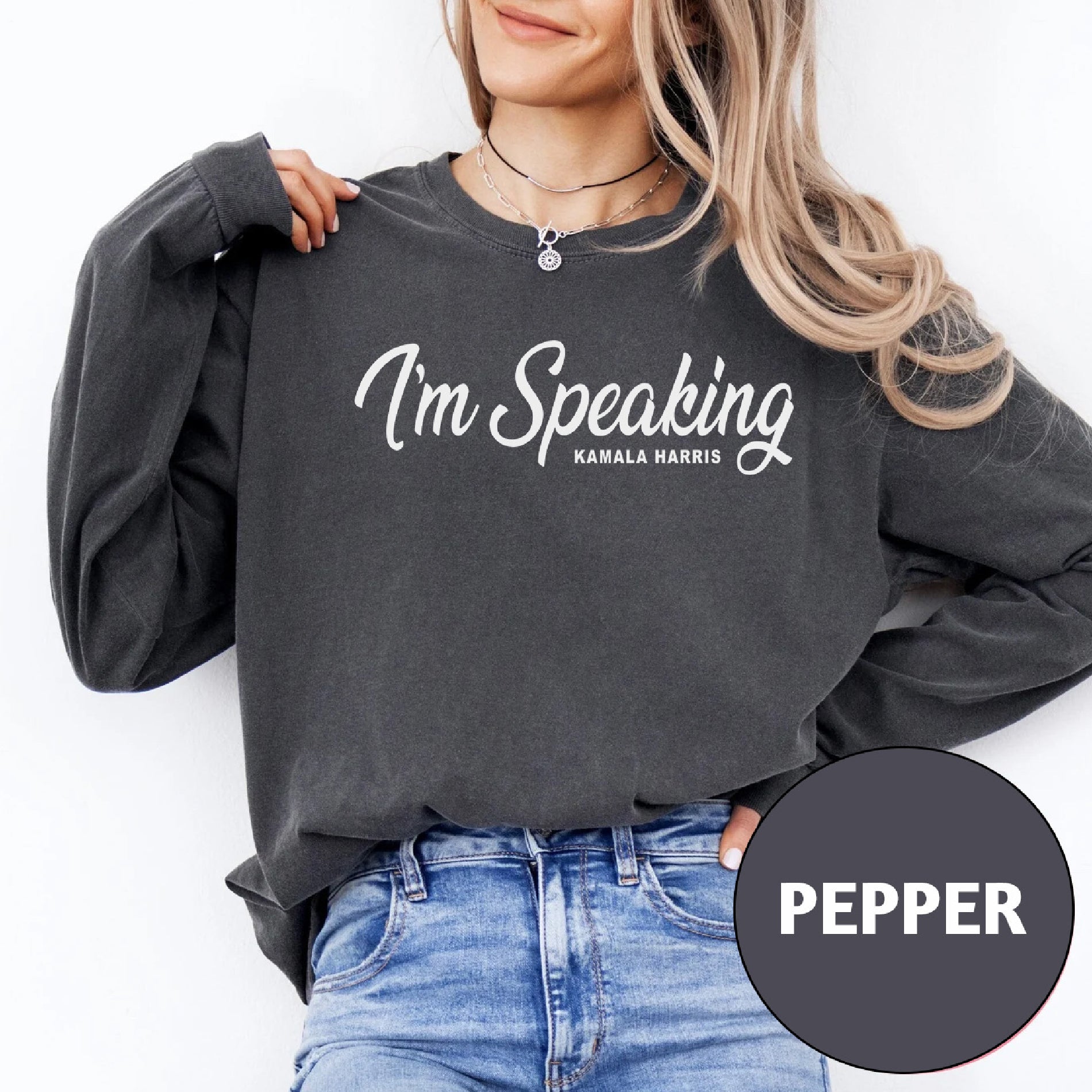 a woman wearing a sweatshirt that says i'm speaking