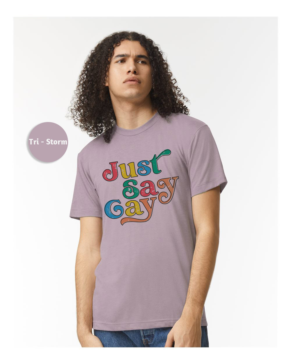 a man wearing a t - shirt that says just gay gay